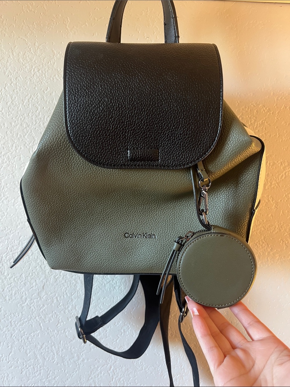 Calvin Klein Olive and Black Pebble Leather Two-Tone Backpack with Coin Pouch